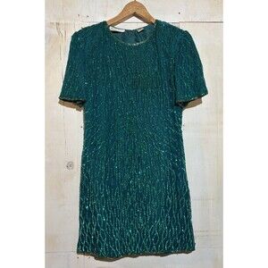 Vintage 80s Emerald Green Silk Sequin Mini Dress XL Short Sleeve Shoulder Pads
